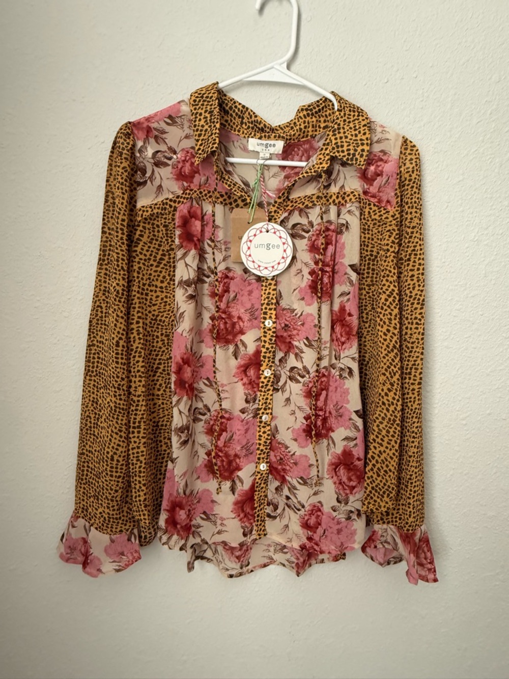 Umgee Pink Floral and Mustard Leopard Print Button-Down Shirt